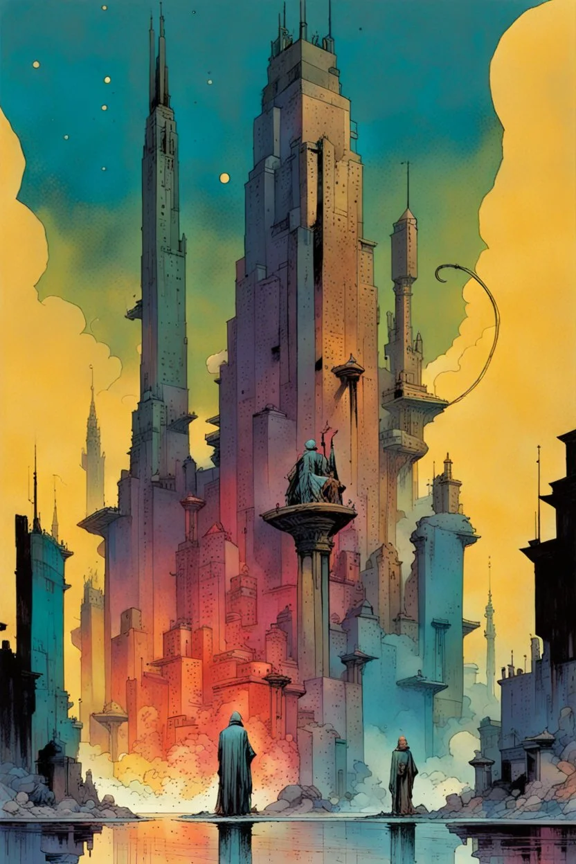 create a wildly imaginative illustration of an ethereal, otherworldly , vibrant and thriving, antediluvian statuary city, in the comic book art style of Bill Sienkiewicz, Mike Mignola, and Jean Giraud Moebius, finely drawn, colored and inked, suffused with dramatic natural light and shadow