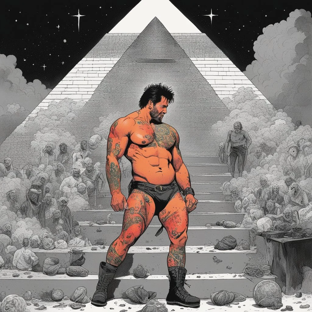 [art by Dorohedoro and Arnold Schwarzenegger & Rocky Balboa] Rebirthing undies two devils under tech and slime covered with tattoos at a party wearing sloggi agent provocateur, welcoming another man hugging, sponge, cotton, nightgown, dark, tattoo Laying back on the steps of a pyramid, Jesus felt a surge of cosmic energy coursing through his being, a connection to the fire of creation and the mysteries of the moon.