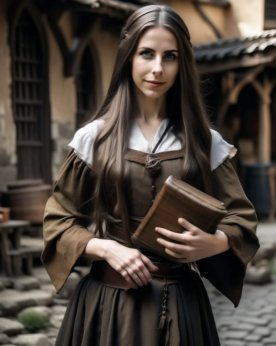 Female artist with long dark tied-back hair. Paint-stained hands and practical medieval clothing. Carrying art supplies and sketchbook. Creative, passionate expression. Medieval fantasy town background, artistic atmosphere.