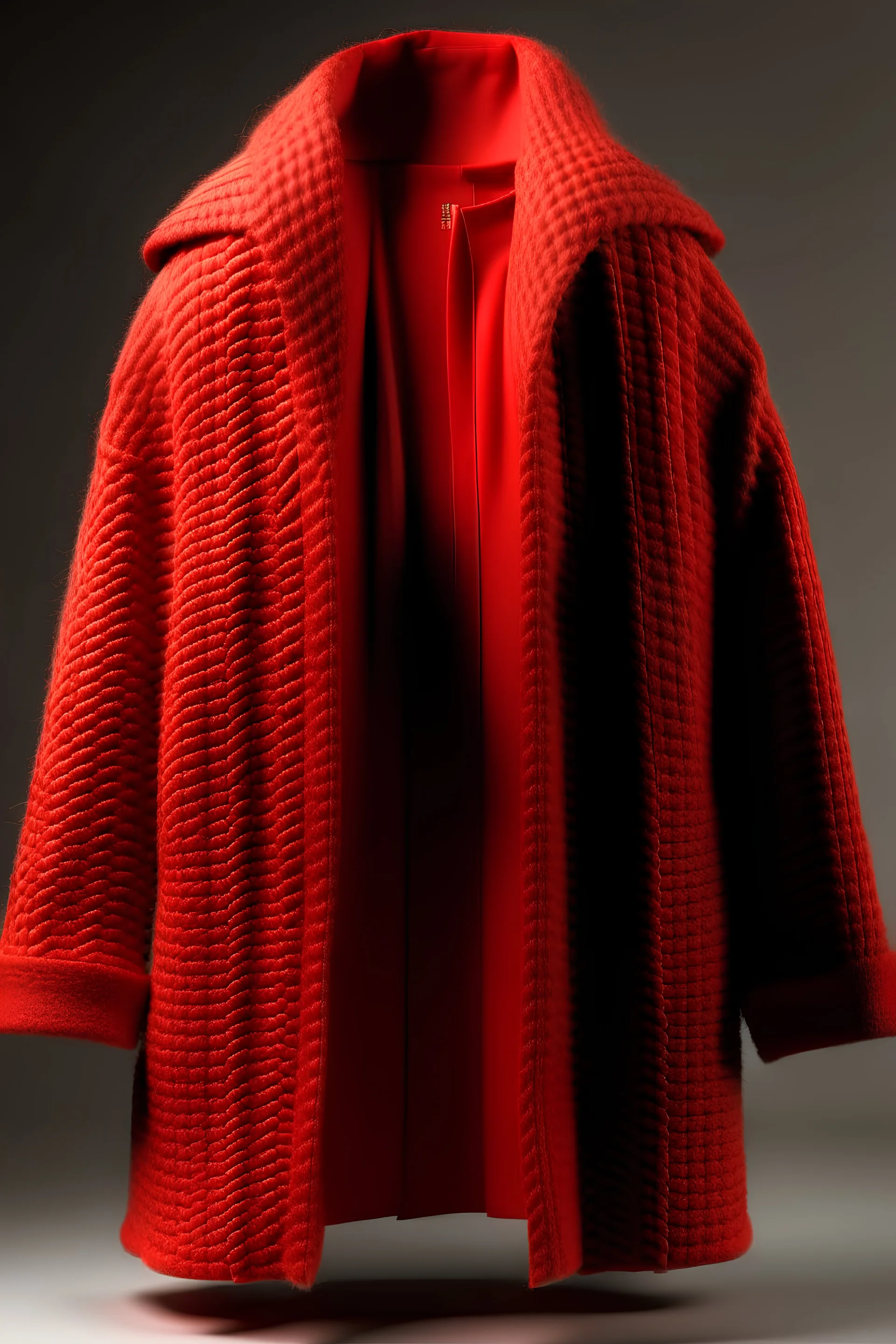 Man's large and red knitted coat opened on front without bottons