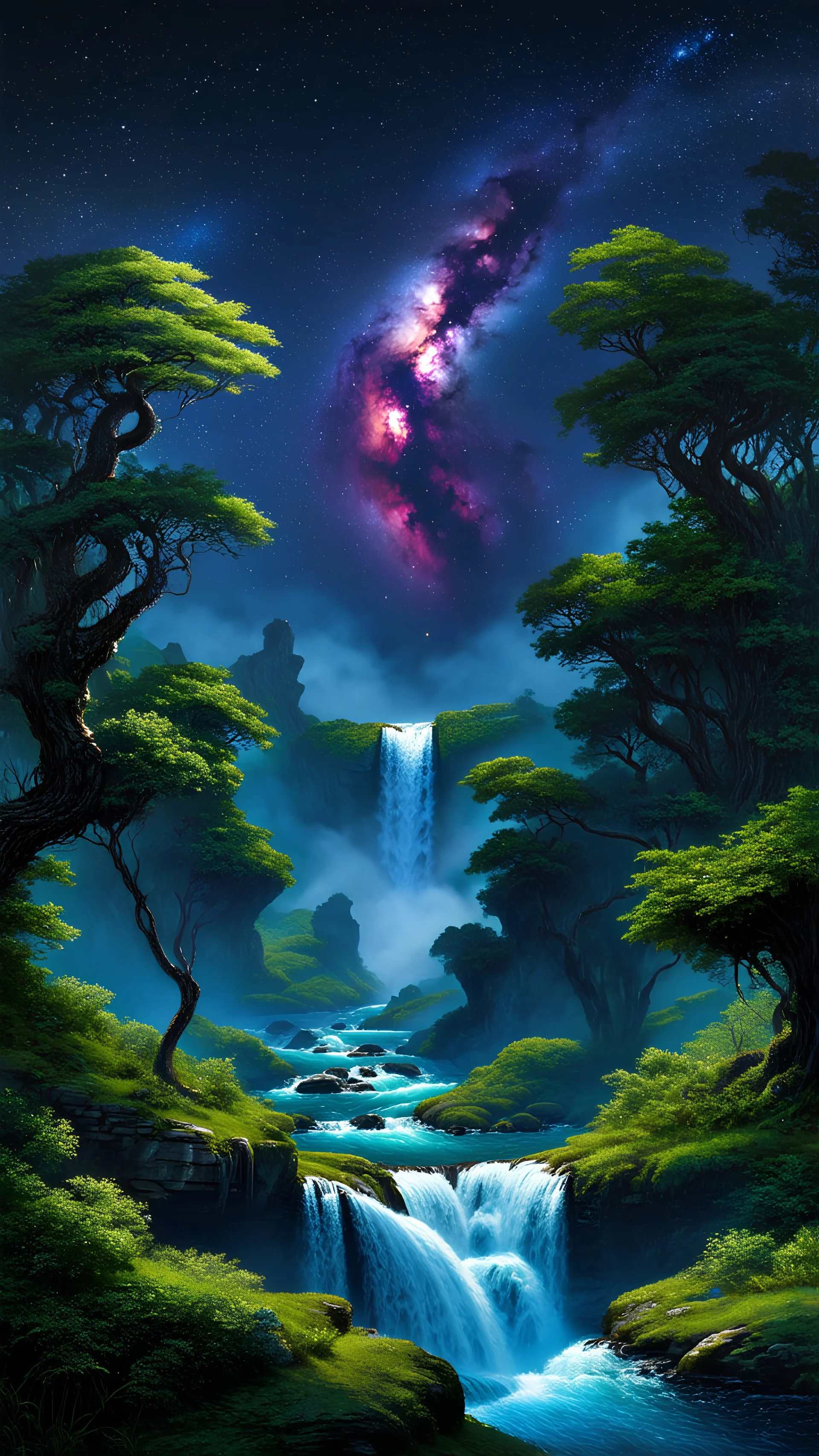 Hyperrealistic photograph nighttime jungle river valley (magically glittering:1.6), (multiple of ([octopus:tree:0.5] fuisions:1.5), (glitter effect:1.5) (epic waterfall:1.2), spiers, dark (stary sky:1.5) with beautiful (nebula:1.1) (night sparkle effect:1.3), Photorealistic, (insane details:1.5), (intricately detailed:1.5), blue and (yellow:1.6) hues, (alcohol ink:1.0), (highly detailed:1.5), glittering, (hyperdetailed:1.5) professional photography, 8k