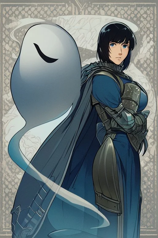 Motoko Kusanagi from "Ghost In The Shell (1995)", clad in medieval stell plate armour, alone, blue eyes, perfect, beautiful, black hair, in the style of 90-s anime, androgynous, melancholic