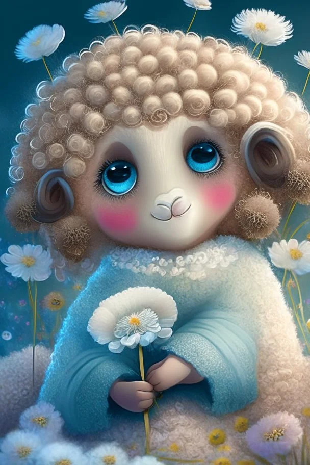 Happy and cute Scottish Highland sheep with dreamy sparkling eyes, gender girl, 4K resolution quality, sitting and holding a flower, nursery art, very beautiful and highly polished, with full details, smooth edges, soft hair and cotton O, flawless facial features, stunning, whimsical fantasy, beautiful, detailed, well-rendered, cartoon, illustration