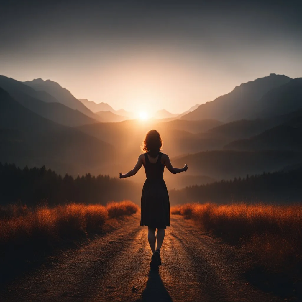 dark night, watching a woman from behind wearing a sleeveless dress, arms up in the air, who is walking towards a beautiful orange sunrise in the distance, mountains and forests around, photo quality