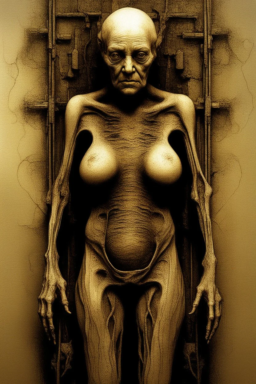 The full body of a fat old woman , use the face in the picture , hofront view camera, decayed and rotting with grotesque proportions and imagery. surreal horror, biomechanical design, by hr giger and beksinski , fine lines draw