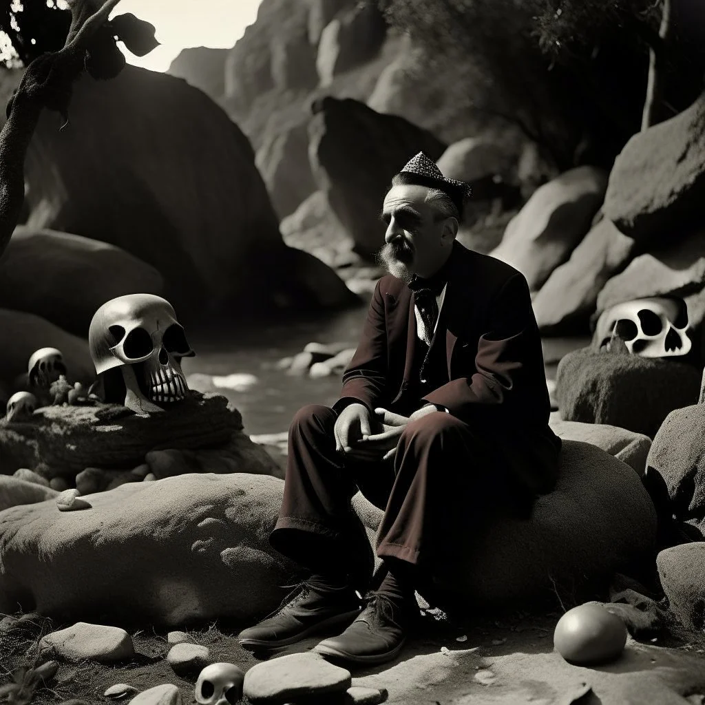 photo, 1920 horror movieshot, sitting, eaging, rocks, very odd objects in background, Ades, stunning photo, persone con sorriso falso e occhi, Charon, tenebroso, macabro, marcio, interno museo, fiotti di liquido nero che zampillano, hypermaximalist, strangeness, sundial light, odd, intricate, Lawrence Alma-Tadema style, albero, hypnotic, very accentuated details of the dress and skin, eerily mysterious, artistic photo, shot on Hasselblad, sadness, follia, smoke, daguerrotype