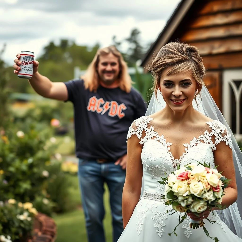 focus of picture on a blonde-haired bride and short dark haired groom serious wedding photo in a country garden, behind the bride and groom in background is a queasy looking man with long dirty blonde hair in an AC/DC t shirt and jeans smiling goofily raising a budweiser can, photobomb, photoreal HD quality