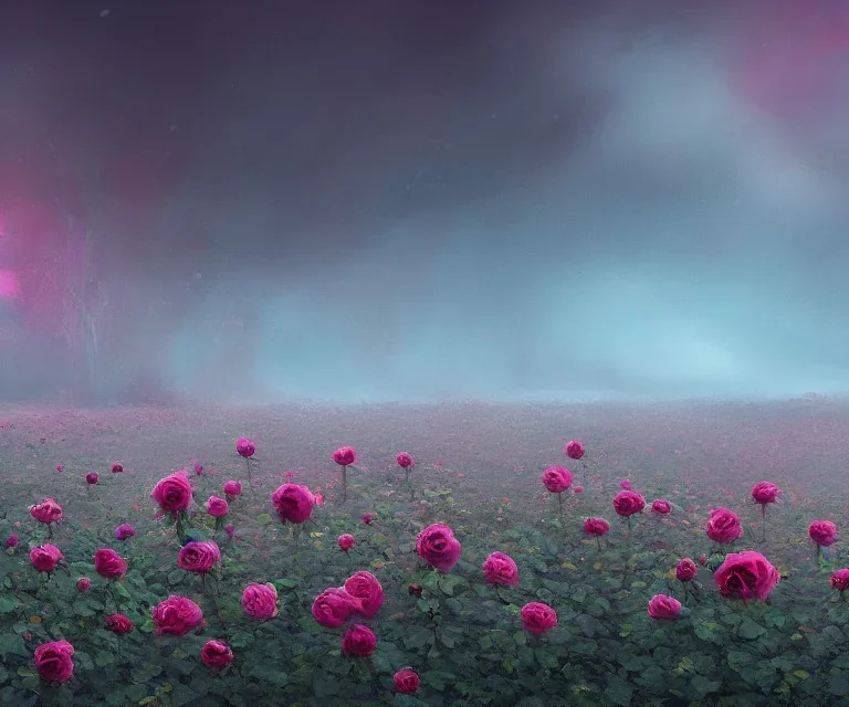 A colourful frozen feild of roses landscape by pascal blanche rutkowski repin artstation hyperrealism painting concept art of detailed character design matte painting, 4 k resolution blade runner, digital Art, perfect composition, beautiful detailed intricate insanely detailed octane render trending on artstation, 8 k artistic photography, photorealistic concept art, soft natural volumetric