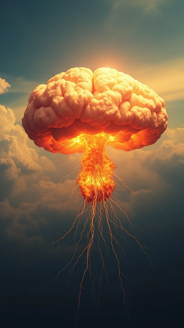 nuclear explosion cloud crossed with a human brain and descending nerves