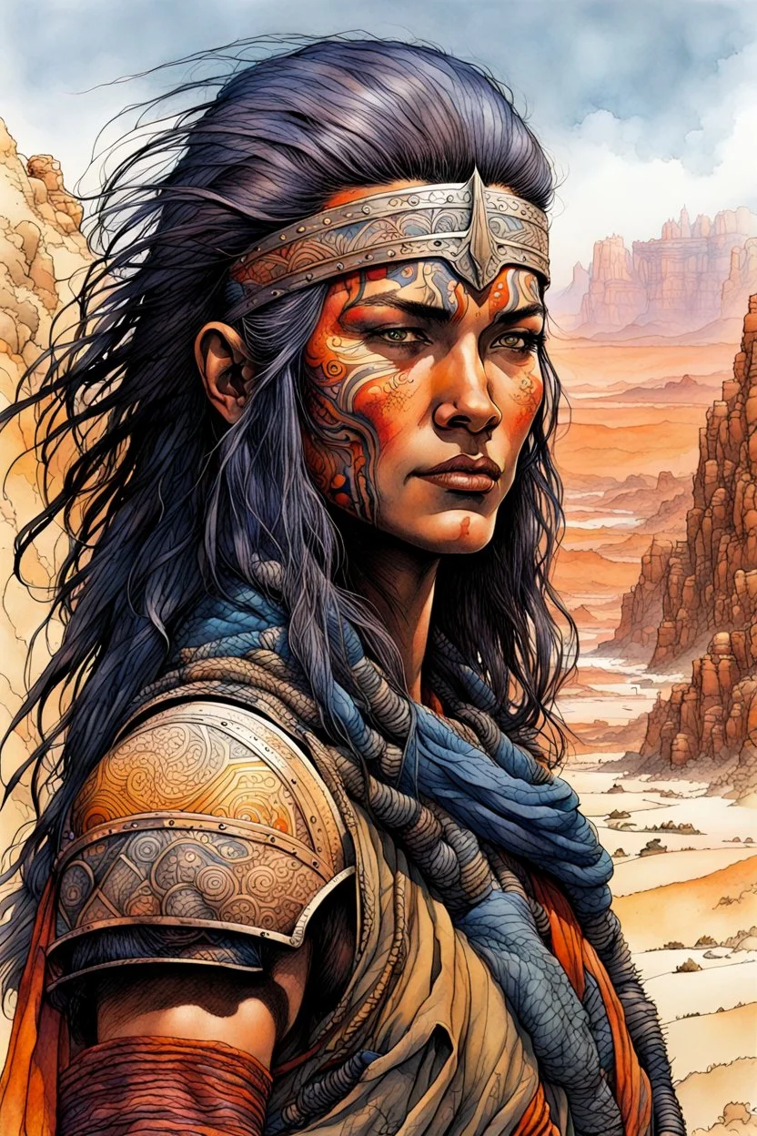 create an ink wash and watercolor portrait of a fair skinned female nomadic tribal mercenary with highly detailed, delicate feminine facial features, inhabiting an ethereal tropical canyon land in the comic book style of Jean Giraud Moebius, David Hoskins, and Enki Bilal, precisely drawn, boldly inked, with vibrant colors