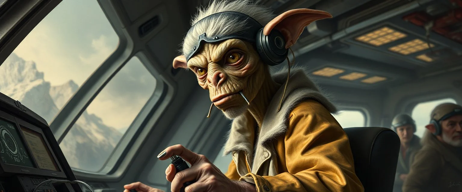 portrait of researcher slender alien rich hill troll drow elf hill billy fluffy captain pilot focus controlling flight stick in deep action, gremlin cyber punk with crew members, in sci fi air ship waiting hall, in future dynasty, painted by Rembrandt