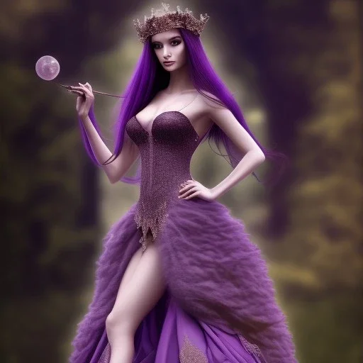 alluring very slim witch of darkness in tight purple wedding dress with very long brown hair and bangs