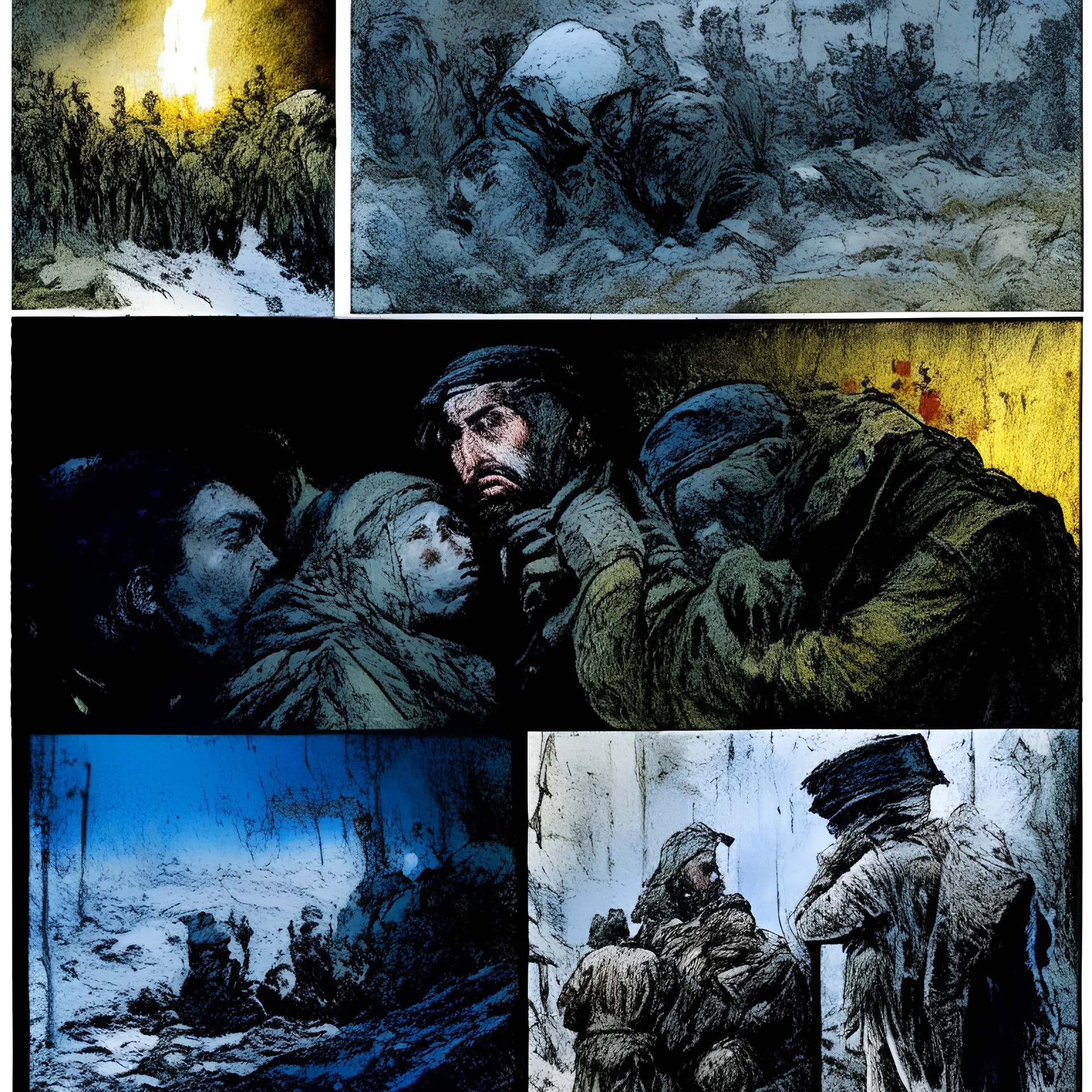 Masterpiece1:5)(Fineart), (award-winning:1.5), highest quality, war journalism, ink and colored pencil sketch of photocollage (by Gustave Doré, Jan Saudek:1.5),(Eastern Ukraine:(panel one:the moment after a battle ends, horrors of war, wounded men),(2nd panel, cinematic shot of men sitting in trench with 1000 yard stare (focus on their eyes:1.5)),(the third panel shows troops tired but hyper alert), (the fourth panel shows the sky is filled with incessant, fire and smoke everywhere,)