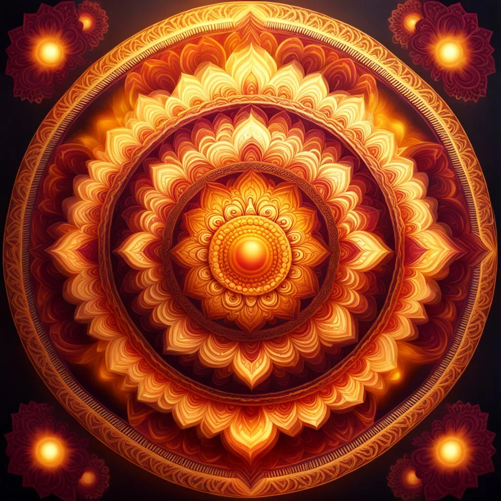 Hyper Realistic Glowing-Golden-With-Orange-Yellow-&-Maroon Mandala.