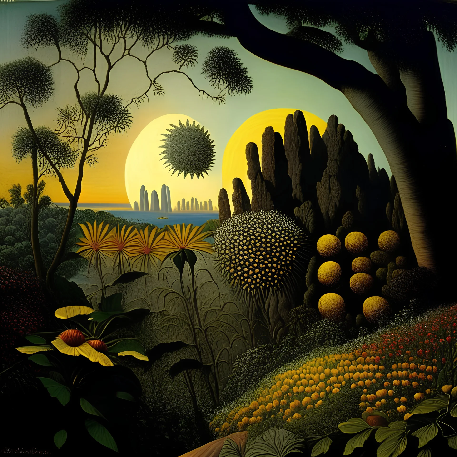 High definition photography of a marvelous landscape, trees, flowers, giant sun, intricate, rock formations, atmosphere of a Max Ernst painting, Henri Rousseau, thoughtful, interesting, a bit appalling, smooth