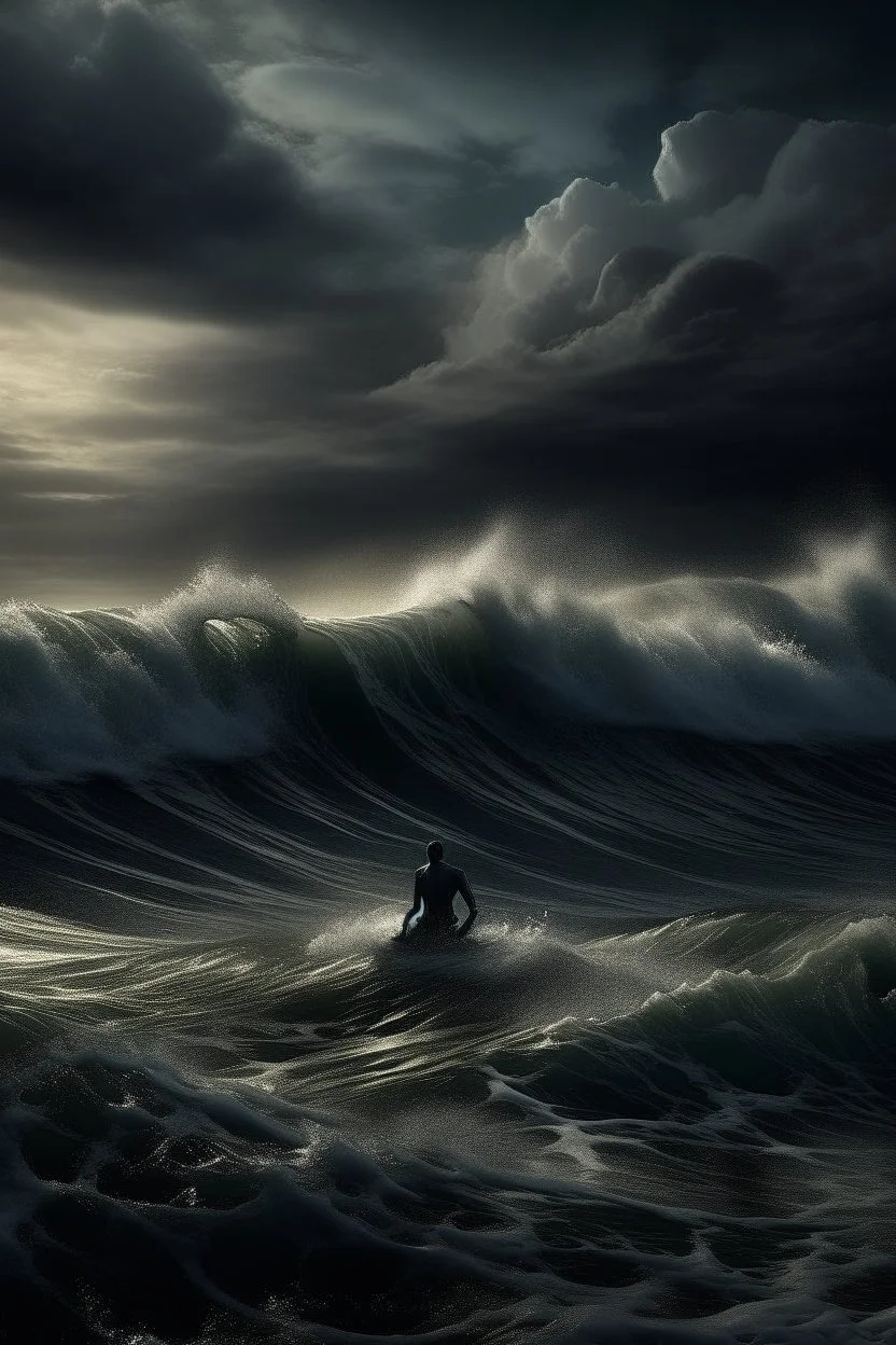 Hyperrealistic illustration a surfer man is sinking in a vast ocean, with waves gently lapping against it. The sky is dark and stormy, with heavy, ominous clouds swirling above. In the distance, surrounded , contrasting with the dramatic, turbulent atmosphere. The overall scene should be moody and surreal, with intricate textures on the statue is highlight its grandeur and mystery.