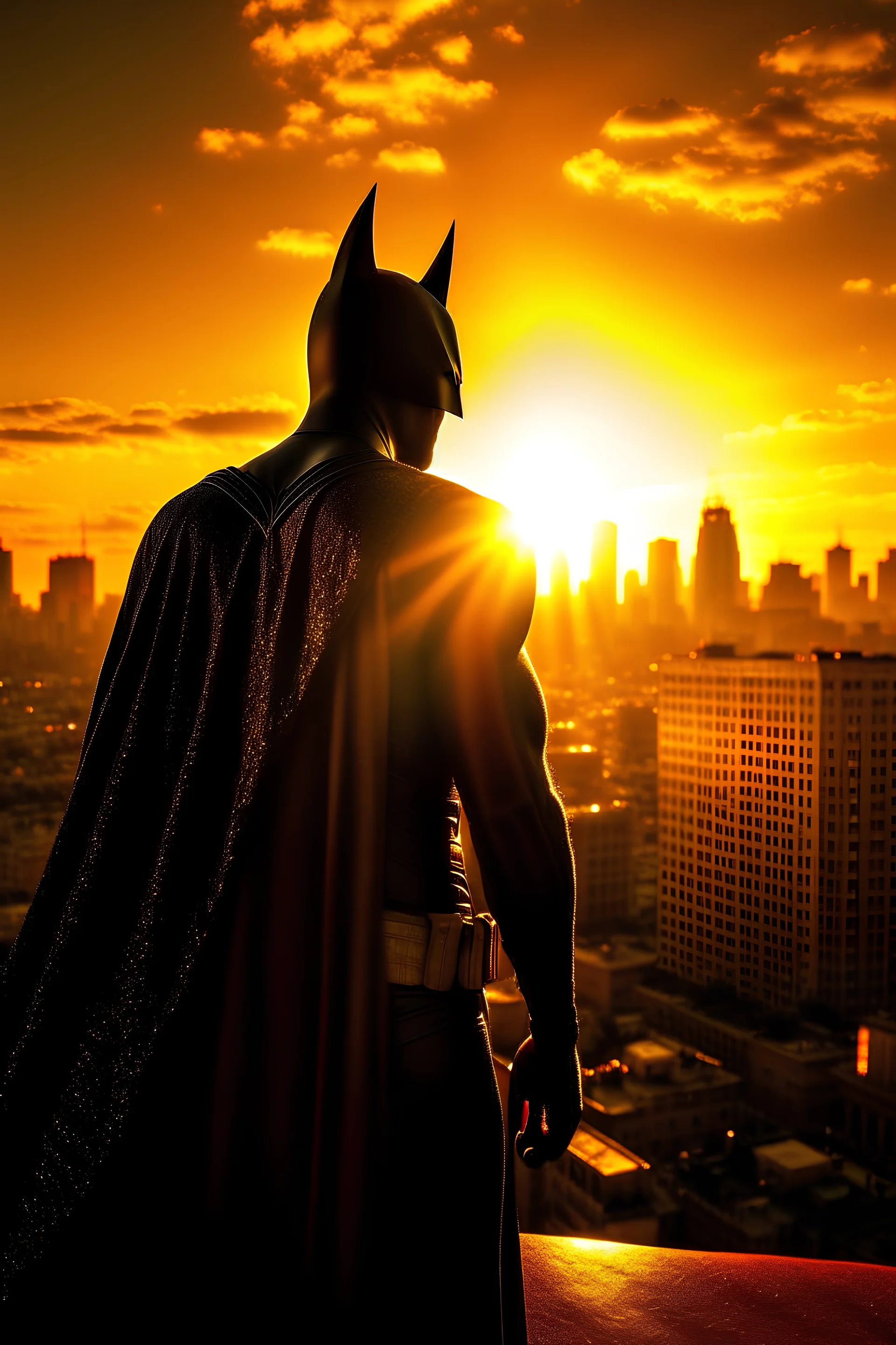 (image: Spiderman, tsoaring above Gotham City as the sun sets in the background), Descriptive Keywords: Batman, Caped Crusader, Gotham City, Sunset, Iconic, Ultra Realistic, Batman Film, Camera Type: Medium Format, Camera Lens Type: Macro lens, Camera Aperture Settings: f/3.5, Time of Day: Sunset, Style of Photograph: Cinematic Heroism, Type of Film: Digital.