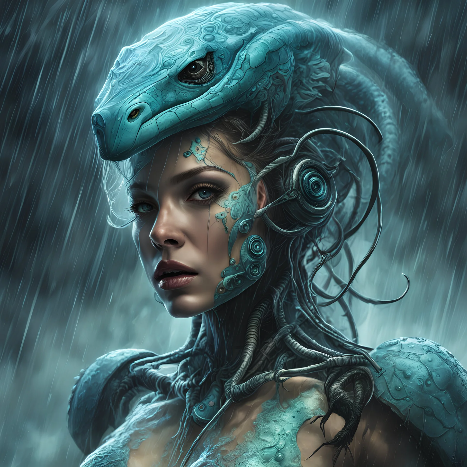 wars of viper cyborg in storm rain fog, by Albert watson, translucent and bioluminescent animal, xray art, digital by mark raided, gustave doré, tim burton background exotic jungle, illustration, extreme detail, digital art, 4k, ultra hd, oil painting, impressionist, pastel colors, illustration, beautiful, cinematic lighting, highly detailed, " girl alien body big brain, mark ryden, hyper-realistic, hyper-detailed, airbrush art, cgi render | by Daniel f gerhartz, by Gustave Doré Greg Rutkowski,