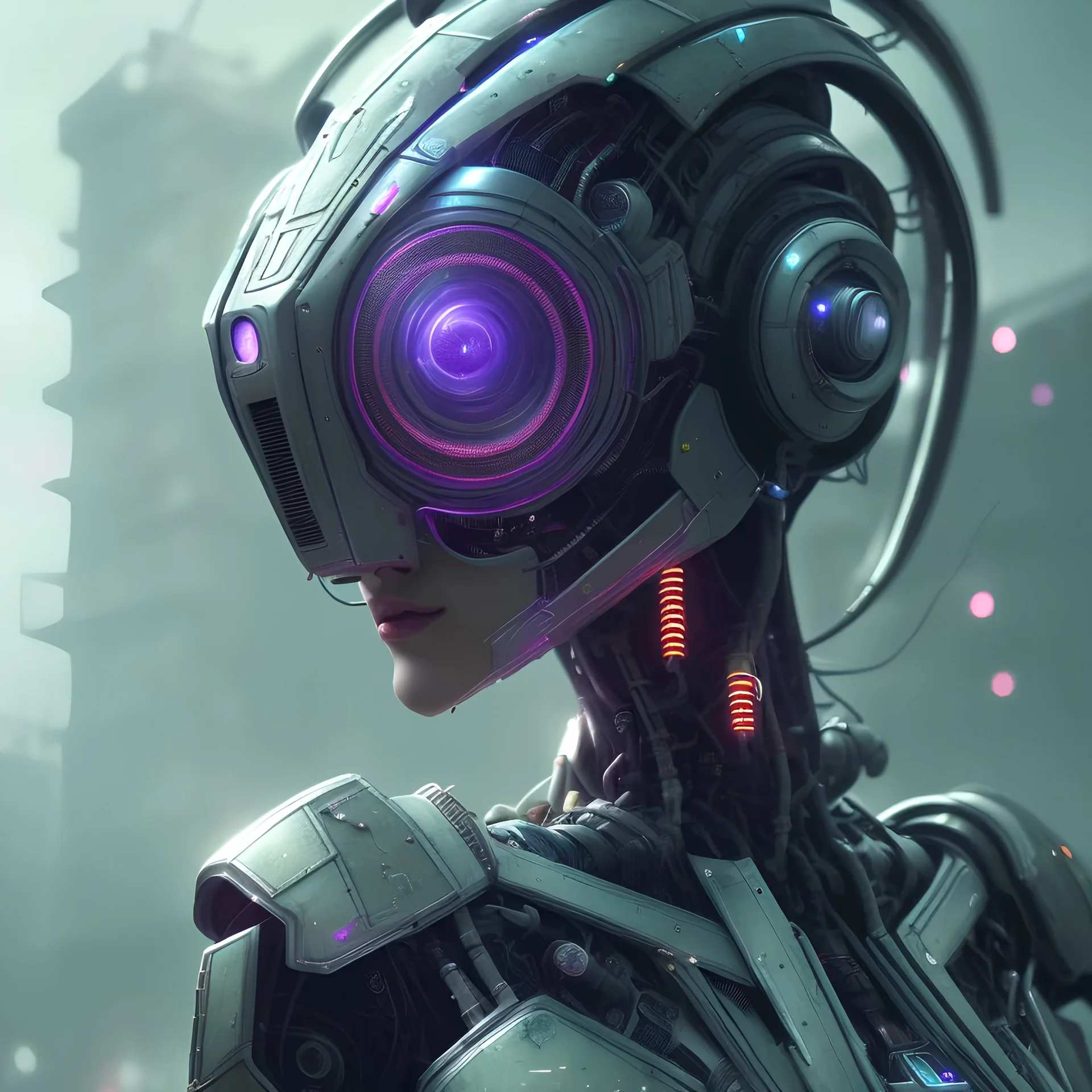 portrait,beautiful robot, post-apocalyptic in a cyberpunk city, realistic, intriacte detail, sci-fi fantasy style, volumetric lighting, particales,highly detailed,cinamatic, deep colours,8k