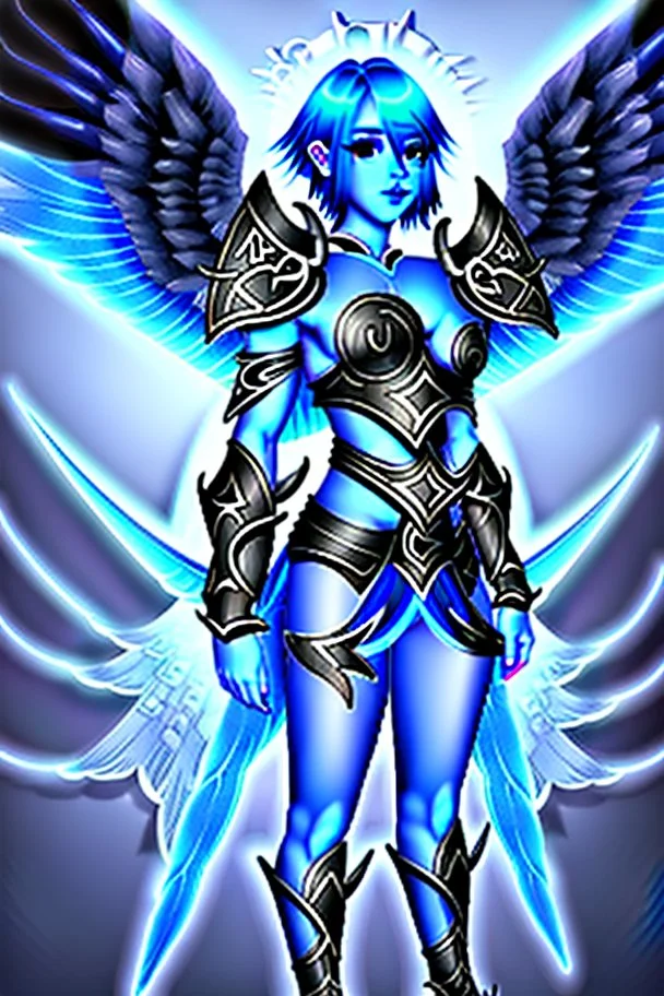 a person in runic armor with blue wings, blue short hair, runic tattoo and spell book