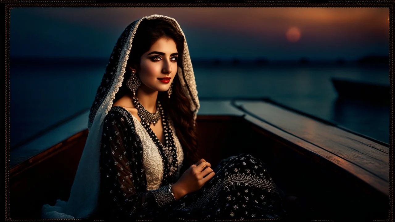 Hyper Realistic Photographic-Close-View Young Beautiful Happy Pashto Woman-Alone with beautiful eyes wearing white-embroidery-Dress-with-velvet-black-shawl Happily-Sitting in a ship-decorated-with-flowers-&-garland-lights in-the-middle-of-sea with cloudy-moonlight at beautiful-dark-night showing dramatic & cinematic ambiance.