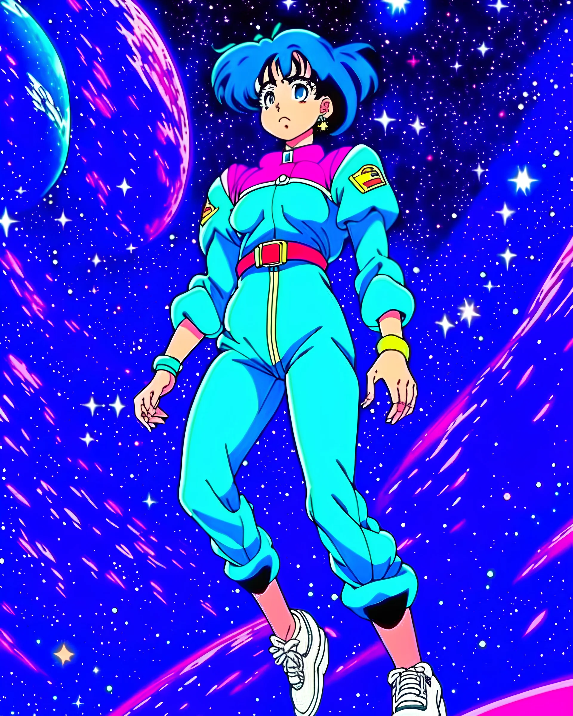 90's vintage anime character in space floating, full body, grown up