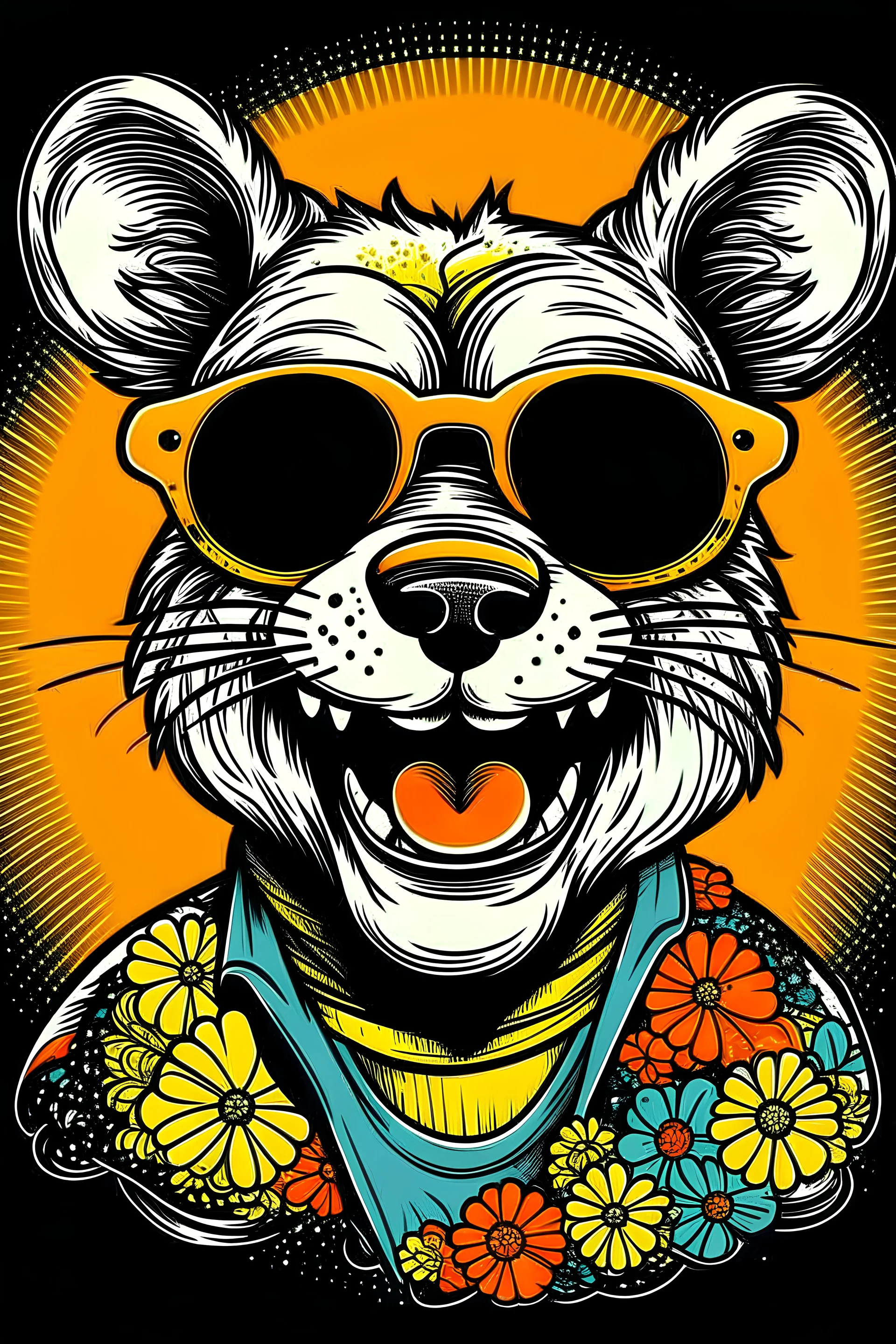 A groovy TAIGER with a wide, toothy grin, rocking sunglasses and a flowered shirt. Style: Pop Art, Mood: Fun and Funky, Lighting: Bright sunlight, T-shirt design graphic, vector, contour, white background.