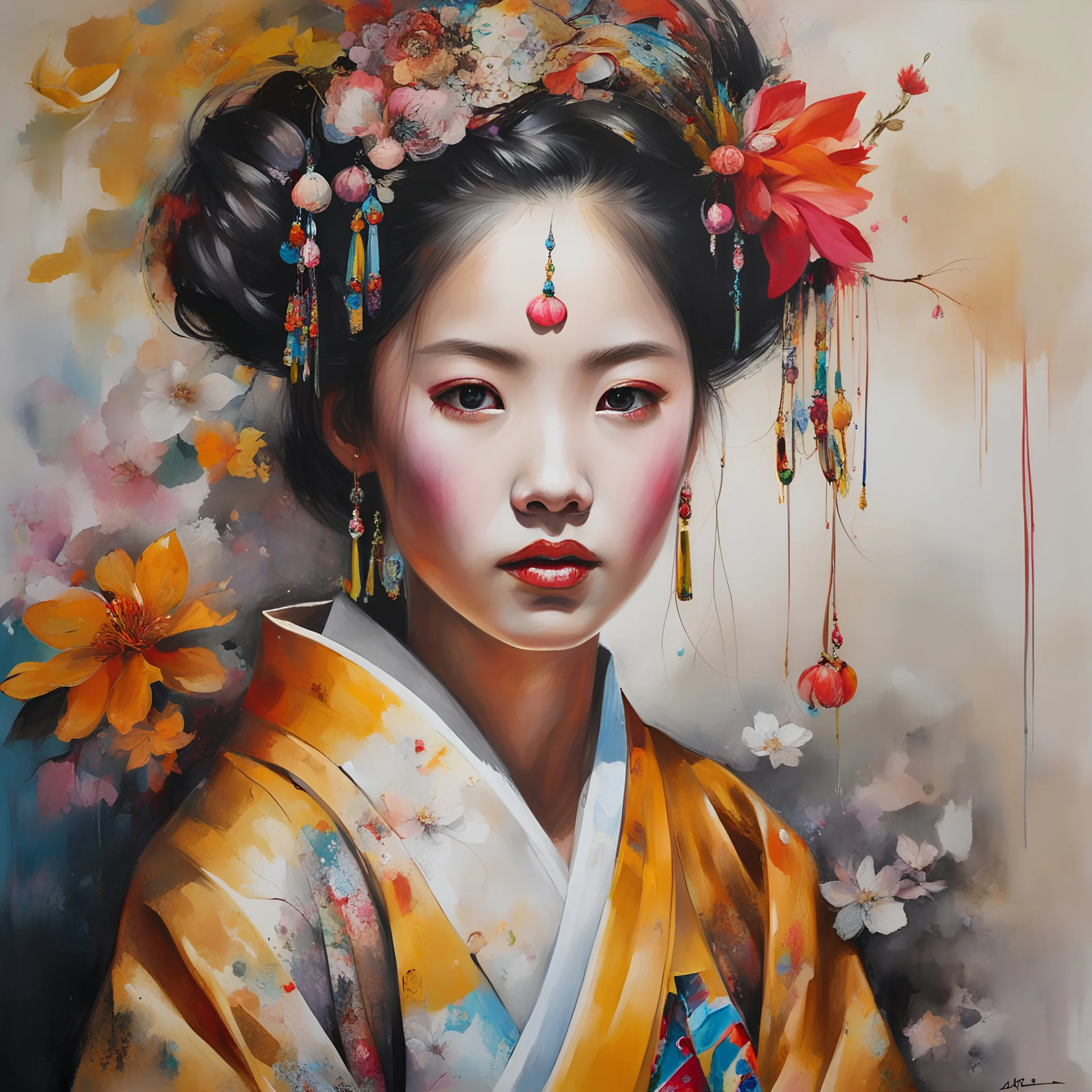 ultra detailed portrait painting of a Korean girl in traditional kimono, round pupils, perfect eyes, in Minjae Lee style, painted by Artur Bordalo