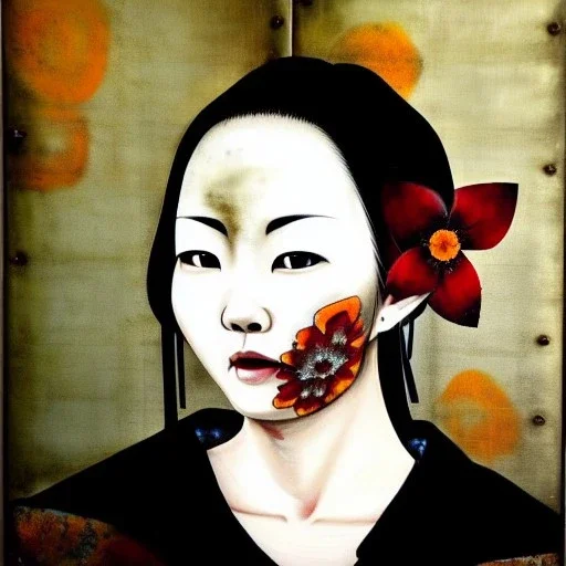 an abstract painting of rusted metal and flowers, beautiful smiling Yakuza Woman portrait, with japanese realistic tattoes, realistic,rust, scaffolding, iron cladding, decay, mixed media, textured, anatomically correct, beautiful perfect face, sharp focus, highly detailed by Johannes Vermeer 8k