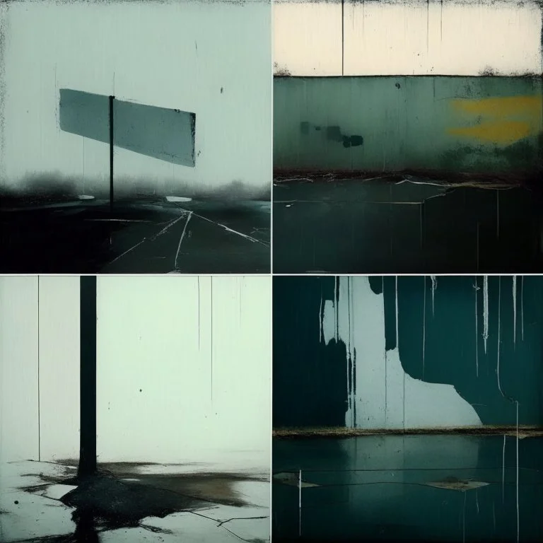 Minimal abstract oil paintings desolate 1960s carpark concrete fragments in a rain storm. style of Justin Mortimer and Francis Bacon. road markings.