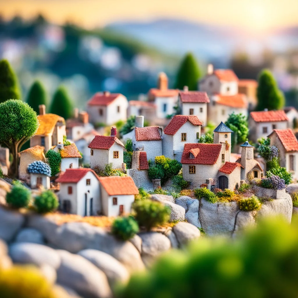 Provençal Miniature village on the top of the hill with bokeh effect