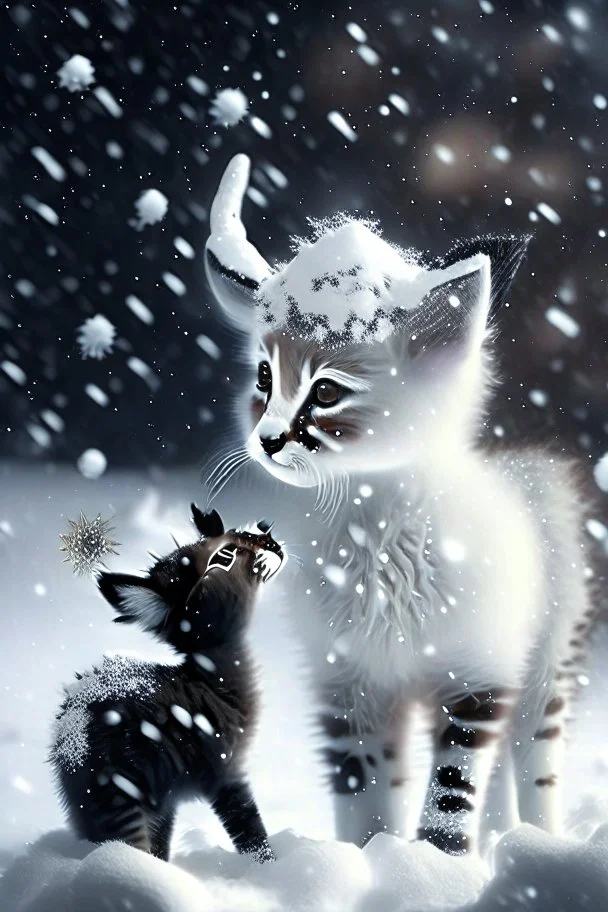 Create a white black Fluffy reindeer Mixed with a kitten in the Snow playing in the background is snowing