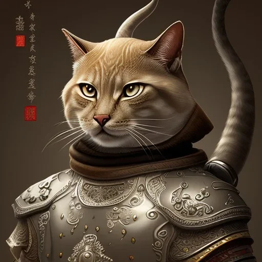 Character design, anthropomorphic cat dressed as a Shaolin, dark, evil, furious, epic, intricate details, finely detailed armor, silver, golden