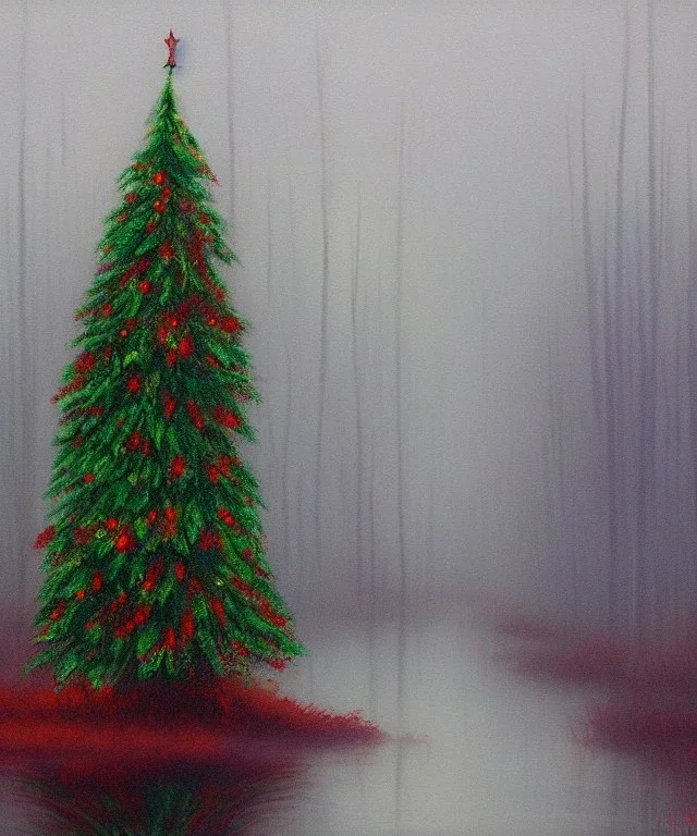 Painting of a festive Christmas tree in a misty swamp