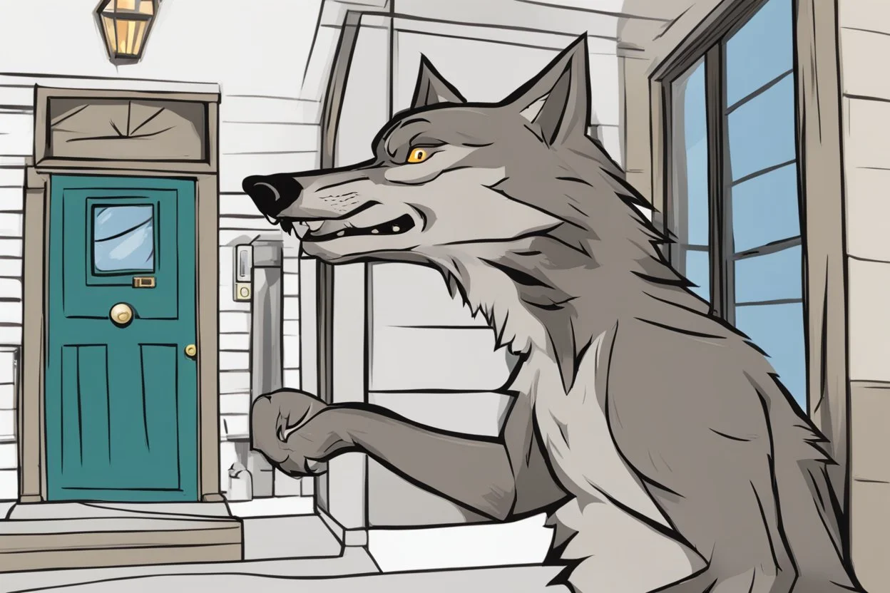 Digital drawing of a wolf hand's ringing the doorbell, I want the wolf point of view, so I want to see just his hand ringing the doorbell