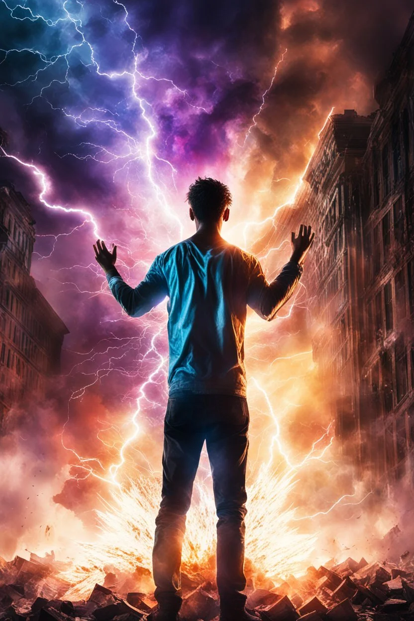 Young man standing, with arms raised with lightening coming from them, in front of an exploding building at night, with coloured auras around him