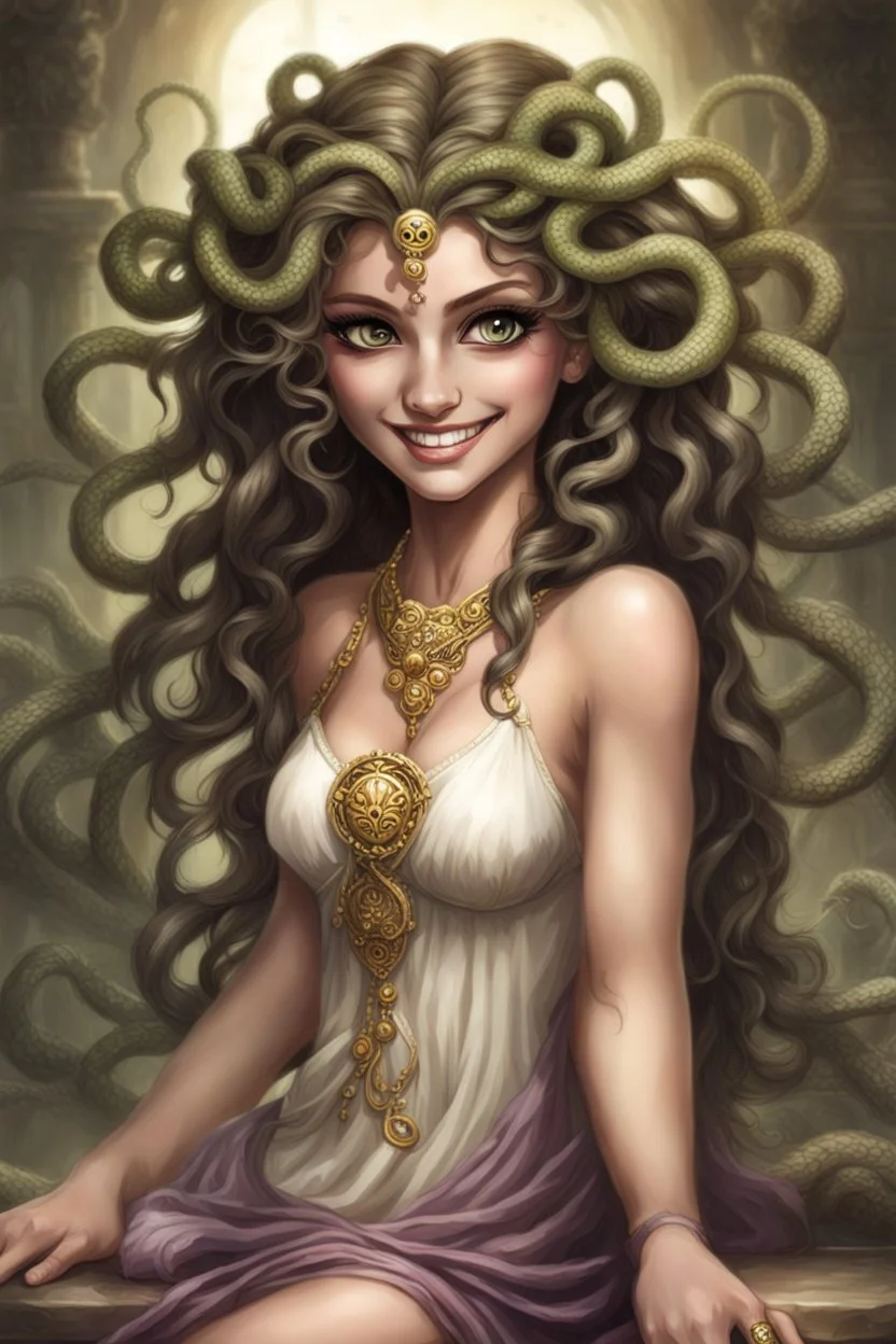 mithic medusa, nice body, big eyes, smiling, little dress