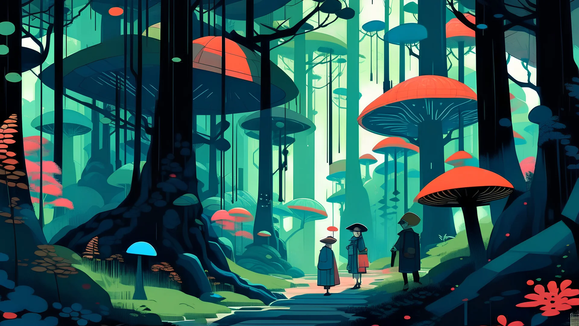 A digital painting by Kuniyoshi and Kandinsky of tech-people walking inside a futuristic forest.