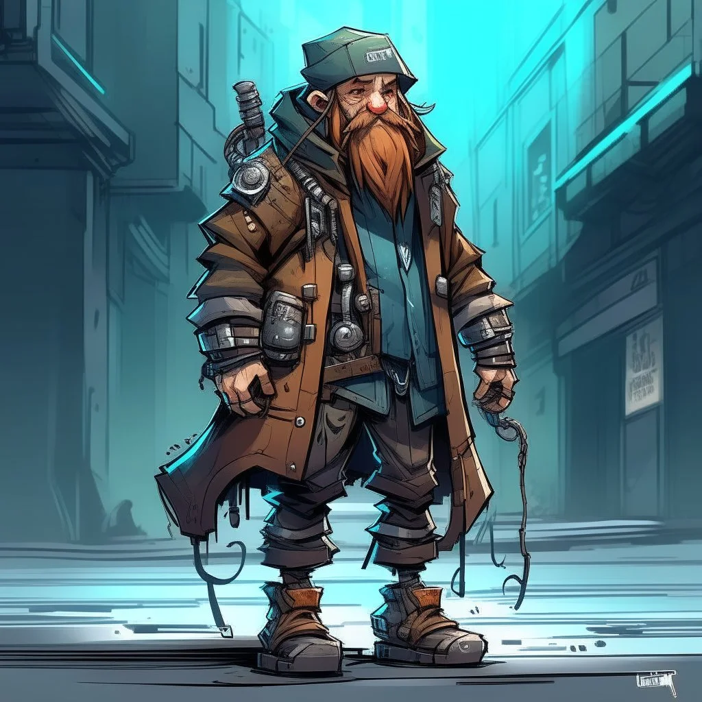 street cyperpunk dwarf with cybernetic legs, dressed with a coat and beanie