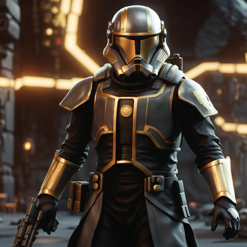 star wars bald male corellian pilot wearing pearlescent black and gunmetal grey First Order special forces heavy assault stealth commando armor and helmet with gold trim inside the jedi temple, hyperdetailed, dynamic lighting, hyperdetailed background, 8k resolution, volumetric lighting, light skin, fully symmetric details