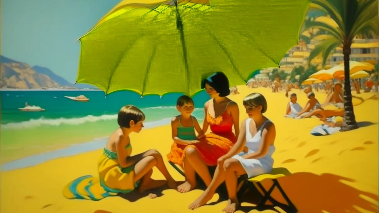 cote d'azur 2 childeren and mother and father on hot beach painting neoclassism 60