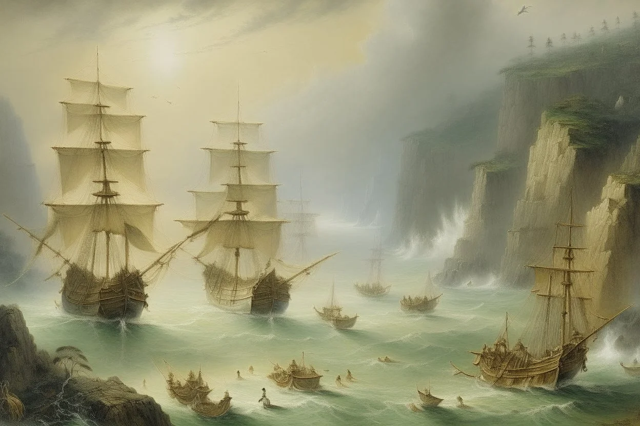 A yellowish white bay with pirate ships in a rainstorm painted by Zhang Lu