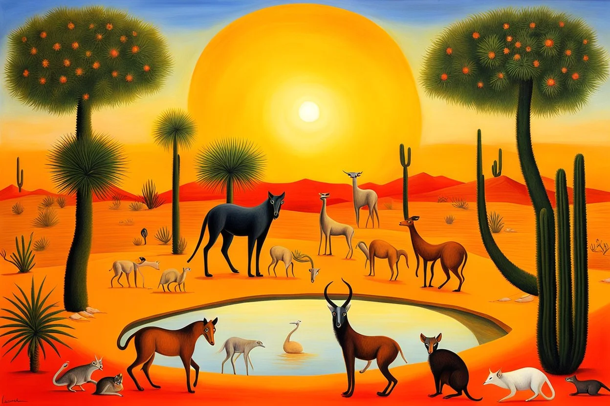 A desert oasis with animals at sunset by artist "Henri Rousseau",by artist "Leonora Carrington""