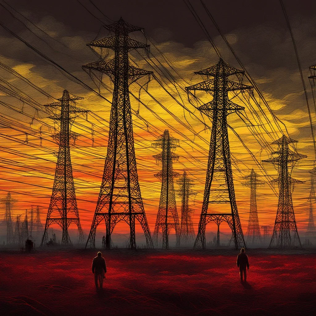 "Visual Necromancy" by Boris Groh art, lurking thin gaunt towering giants in far background of power line structures at dusk, hypersurreal, surreal by Boris Groh, trending on DeviantArt, oil matte painting, crimson - black - jaundice yellow color scheme, sinister, nightmare dream art