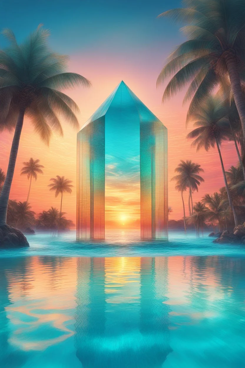 A professional music cover art for a Luxury Tropical House album cover, award-winning music artwork, crystal-clear turquoise ocean merging into an endless horizon beneath a radiant golden sunset. Massive floating glass structures shaped like musical frequencies rise above the water, reflecting vibrant tropical colors. Exotic palm trees illuminated by soft neon cyan and coral lights sway in the warm breeze. Glowing particles drift through the air like fragments of melody, creating a magical atmos
