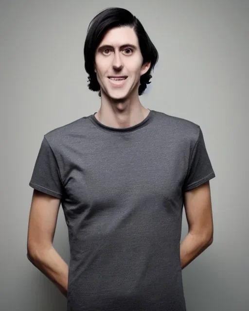 a tall rattled guy with short dark hair tousled on top, a long neck and long limbs and is wearing a t-shirt with a shirt over and skinny jeans