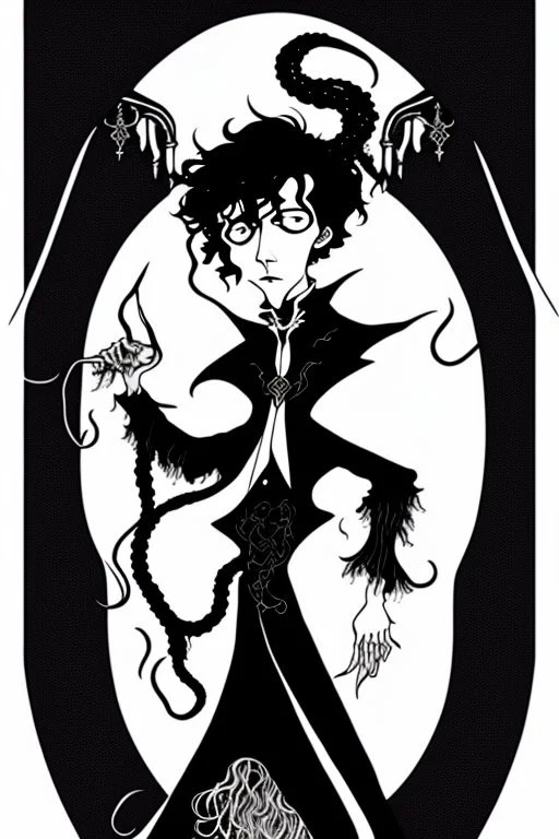 black haired young man necromancer wizard with gothic jewelry and tentacle fingers in the style of Aubrey Beardsley