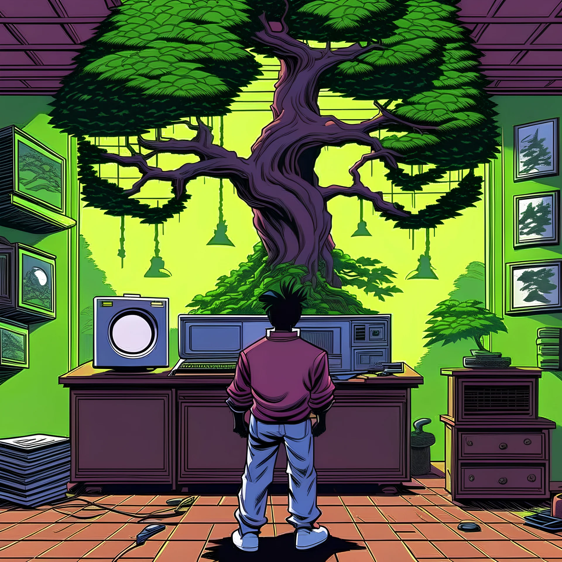 COVER ART, MUSIC, 90S, VINTAGE, NOSTALGIA, MUSIC PRODUCER, BACK, FACING AWAY, HUGE ROOM, FAR AWAY, VIDEO GAMES, NEWS, BONSAI TREE, SPEAKERS