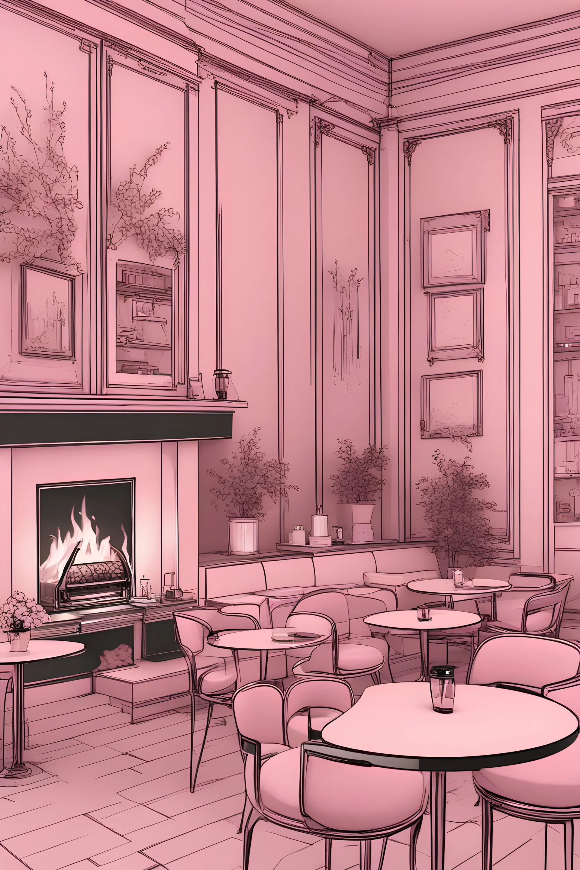 Cafe design in pink with a fireplace inside