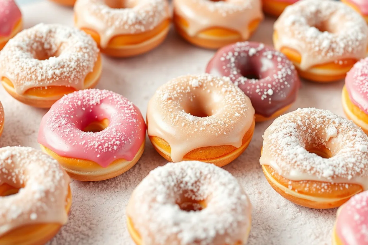 background filled with fresh mini donuts fully covered in icing sugar